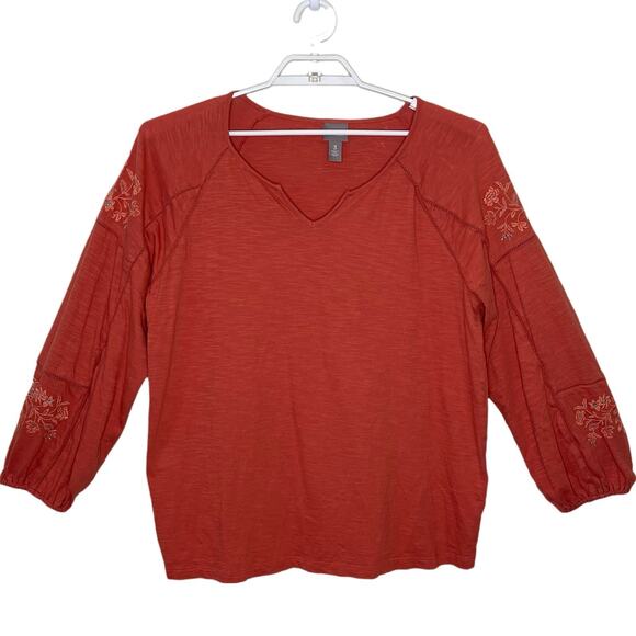CHICO'S Peasant Blouse Orange Cotton Embroidered Puff Sleeve Boho Eyelet Sz 3/XL - Picture 1 of 11